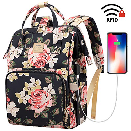 Laptop Backpack,15.6 Inch Stylish College School Backpack with USB Charging Port,Water Resistant Casual Daypack Laptop Backpack for Women/Girls/Business/Travel (Flower Pattern)