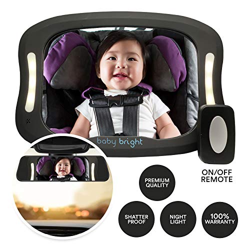 Baby Car Mirror with Light (for Driving at Night) & FOB Control | Improved Longer Lasting Battery Life | Backseat Rear View Baby Mirror by Baby Bright | Shatter-Proof, Fully Assembled