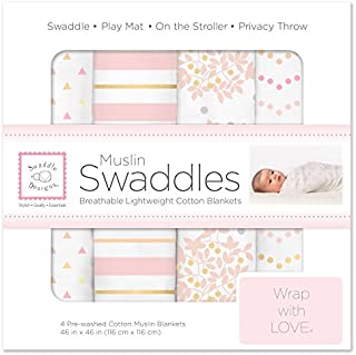 SwaddleDesigns Cotton Muslin Swaddle Blankets, Set of 4, Pink Heavenly Floral