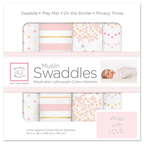 SwaddleDesigns Cotton Muslin Swaddle Blankets, Set of 4, Pink Heavenly Floral