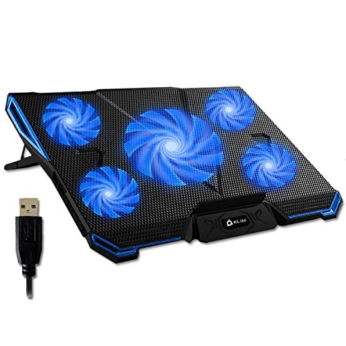 KLIM Cyclone Laptop Cooling Pad - 5 Fans Cooler - No More Overheating - Increase Your PC Performance and Life Expectancy - Ventilated Support for Laptop - Gaming Stand to Reduce Heating (Blue)