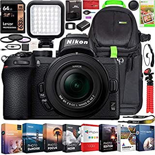 Nikon Z50 Mirrorless Camera Body 4K UHD DX-Format NIKKOR Z DX 16-50mm F3.5-6.3 VR Lens Bundle w/Deco Gear Photography Backpack + Photo Video LED + Filter Kit + Tripod + 64GB + Software & Accessories