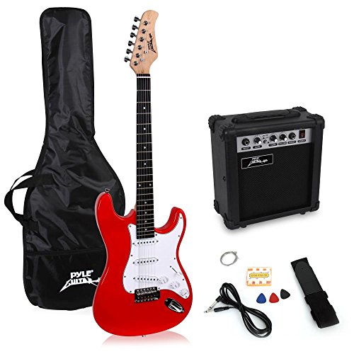 PylePro Full Size Electric Guitar Package w/ Amp, Guitar Bundle, Case & Accessories, Electric Guitar Bundle, Beginner Starter Package, Strap, Tuner, Pick, Ready to Use Out of the Box, Red (PEGKT15R)