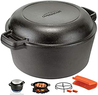 Overmont Dutch Oven 5 QT Cast Iron Casserole Pot + 1.6 QT Skillet Lid Pre Seasoned with Handle Covers & Stand for Camping Home Cooking BBQ Baking