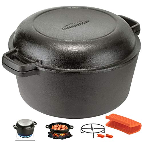 Overmont Dutch Oven 5 QT Cast Iron Casserole Pot + 1.6 QT Skillet Lid Pre Seasoned with Handle Covers & Stand for Camping Home Cooking BBQ Baking