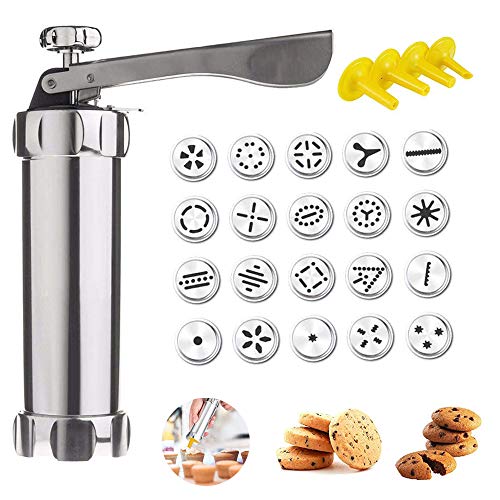 Cookie Press Maker Kit- Making Cake Decorating Tools Multiple-Type Molds for DIY Biscuit Maker and Decoration with 20 Stainless Steel Cookie discs and 4 nozzles