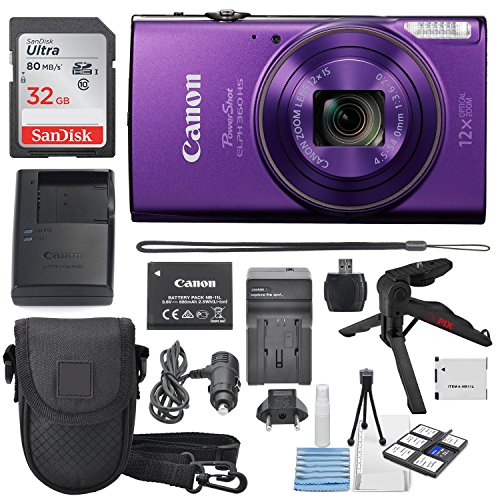 Canon PowerShot ELPH 360 HS (Purple)12x Optical Zoom - Built-In Wi-Fi W/ Deluxe Starter Kit Including 32GB SDHC Xpix Table Tripod + AC/DC Turbo Travel Charger + Extra battery + Protective Camera Case