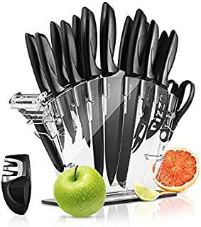 17 Piece Kitchen Knife Set - Stainless Steel Kitchen Precision Knives Set w/ 6 Steak Knives & Bonus Sharpener, Scissors, Peeler, Acrylic Block Stand - Slicing, Chopping, Dicing - NutriChef NCKNS17