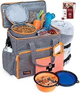 Dog Travel Bag Week Away/Overnight Accessories Organizer - Pet First Aid Pouch - Airline Approved - 2 Food Storage Containers and Collapsible Bowls - Water Resistant - for Small, Medium & Large Dogs