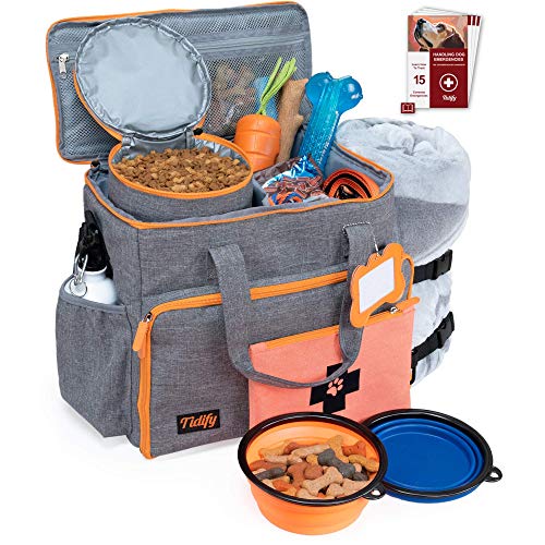 Dog Travel Bag Week Away/Overnight Accessories Organizer - Pet First Aid Pouch - Airline Approved - 2 Food Storage Containers and Collapsible Bowls - Water Resistant - for Small, Medium & Large Dogs