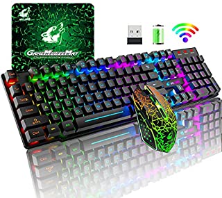 Wireless Gaming Keyboard and Mouse Combo with Rainbow LED Backlit Rechargeable 4000mAh Battery Mechanical Ergonomic Feel Waterproof Dustproof 7 Color Backlit Mute Mice for Computer Mac Gamer