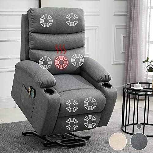 Power Lift Recliner Chair for Elderly Heated Vibration Massage Sofa Electric Motorized Living Room Chair Remote Control Ergonomic Lounge Chair Heavy Duty Overstuffed Linen Recliner Sofa (Gray)