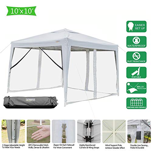 VINGLI EZ POP UP Canopy,10ft x 10ft Folding Tent with 4 Removable Mesh Sidewalls & Rolling Bag,Portable Gazebo/Screen House Room in Garden Camping Party,Anti-Mosquito 99% Anti-UV,White