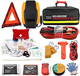 EVERLIT Roadside Emergency Kit, Car Emergency Kit Assistance Multipurpose Car Kit with Digital Air Compressor,12FT Jumper Cable, Tow Strap, Hand Cranked Flashlight, 108 Pieces First Aid Supplies