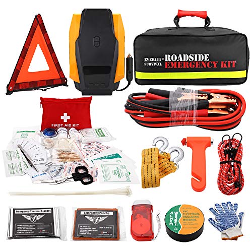 EVERLIT Roadside Emergency Kit, Car Emergency Kit Assistance Multipurpose Car Kit with Digital Air Compressor,12FT Jumper Cable, Tow Strap, Hand Cranked Flashlight, 108 Pieces First Aid Supplies