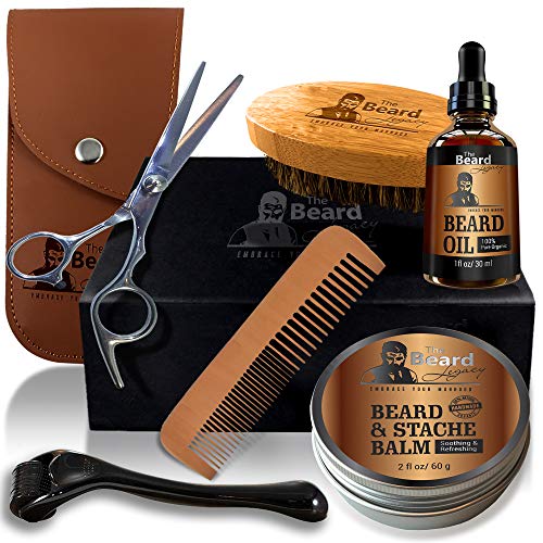 THE BEARD LEGACY Beard Grooming & Trimming Kit, Derma Roller, Beard Brush, Beard Comb, Unscented Beard Oil For Patchy Beards, Mustache/Beard Balm Butter Wax, Barber Scissors, Beard Growth Gift Set.