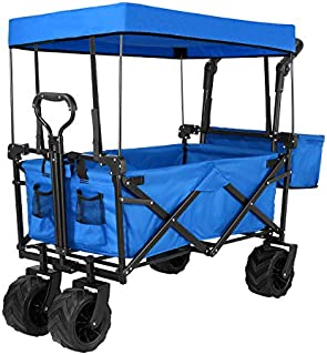 Push and Pull Collapsible Utility Wagon, Heavy Duty Folding Portable Hand Cart with Removable Canopy, 7 All-Terrain Wheels, Adjustable Handles and Double Fabric for Shopping, Picnic, Beach, Camping