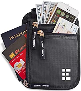 Zero Grid Neck Wallet w/RFID Blocking- Concealed Travel Pouch & Passport Holder (Shadow)
