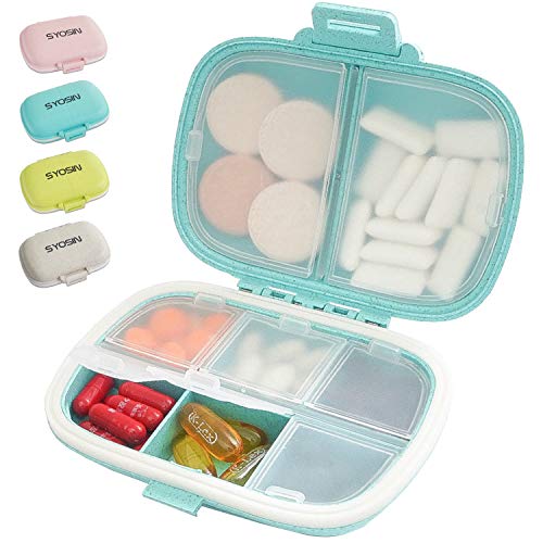 SYOSIN Portable Pill Organizer, 8 Compartments Travel Pill Organizer Daily Pill Case, Moisture Proof Small Pill Box to Hold Vitamins, Cod Liver Oil, Supplements (Blue)