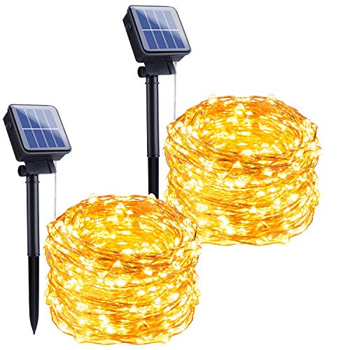 Outdoor Solar String Lights, 2 Pack 33Feet 100 Led Solar Powered Fairy Lights with 8 Lighting Modes Waterproof Decoration Copper Wire Lights for Patio Yard Trees Christmas Wedding Party (Warm White)