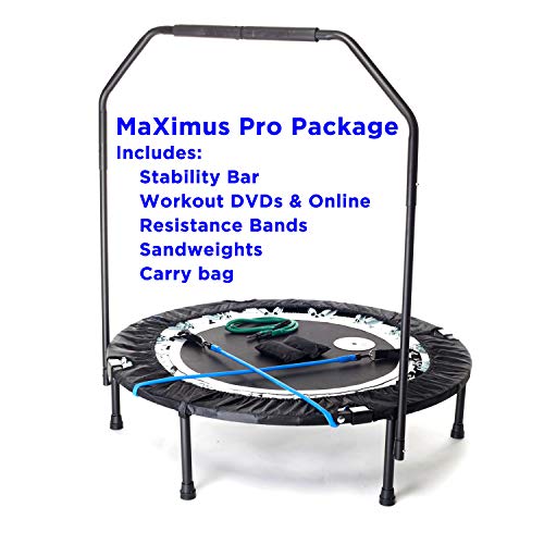 MaXimus PRO Folding Rebounder USA | Voted #1 Indoor Exercise Mini Trampoline For Adults With Bar | Best Home Gym for Fitness & Lose Weight| FREE Storage Bag, Resistance Bands, ONLINE & DVD Workouts | Already Assembled