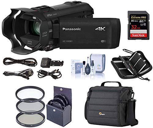 Panasonic 4K Ultra HD Camcorder HC-VX981K (Black), 20x Optical Zoom, Bundle Kit with Video Bag + 32GB SDHC Card + 49mm Filter Kit + Cleaning Kit + Memory Wallet