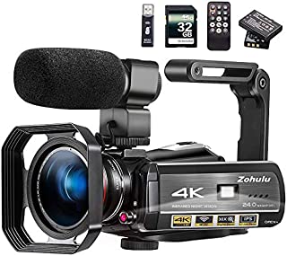 Video Camera 4K Camcorder ZOHULU Vlog Camera for YouTube, HD Digital Camera with 30X Digital Zoom and Night Vision, Video Recorder with Microphone, Wide Lens (32GB SD Card, 2 Batteries Included)