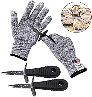 Oyster Shucking Knife -High Performance Level 5 Protection Food Grade Cut Resistant Gloves Stainless Steel Clam Shellfish Seafood Opener (1 pair gloves + 2 knives)(XL)