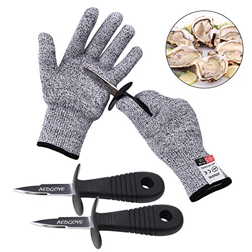 Oyster Shucking Knife -High Performance Level 5 Protection Food Grade Cut Resistant Gloves Stainless Steel Clam Shellfish Seafood Opener (1 pair gloves + 2 knives)(XL)