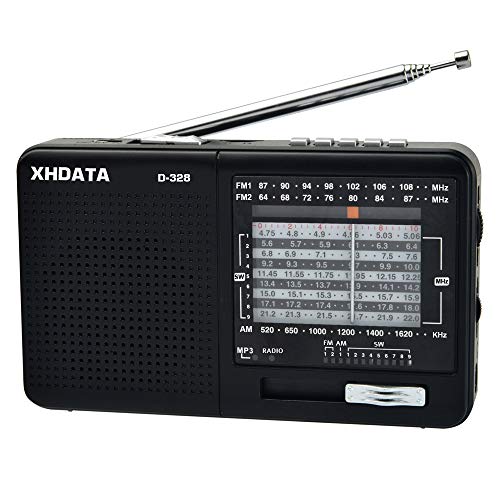 XHDATA D-328 Portable Radio AM FM SW 12 Bands Receiver with DSP/MP3 Music Player and TF Card Slot Packed with Rechargeable Battery and USB Charging Cable a Gift for Parents to Listen Music Black.