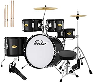 Eastar 16 inch Junior Drum Set Kids Drum Set 5-Piece with Adjustable Throne and Cymbal, Pedal & Drumsticks, Metallic Black (EDS-350BK)