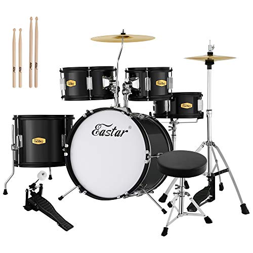 Eastar 16 inch Junior Drum Set Kids Drum Set 5-Piece with Adjustable Throne and Cymbal, Pedal & Drumsticks, Metallic Black (EDS-350BK)