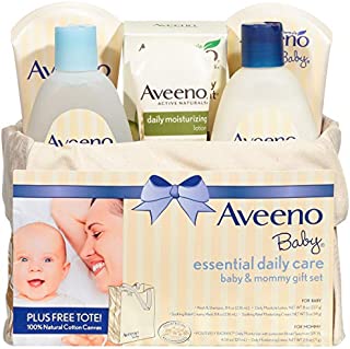 Aveeno Baby Essential Daily Care Baby & Mommy Gift Set featuring a Variety of Skin Care and Bath Products to Nourish Baby and Pamper Mom, Baby Gift for New and Expecting Moms, 7 items