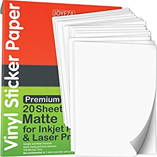 JOYEZA Premium Printable Vinyl Sticker Paper for Inkjet Printer - 20 Sheets Matte White Waterproof, Dries Quickly Vivid Colors, Holds Ink well- Tear Resistant - Inkjet & Laser Printer