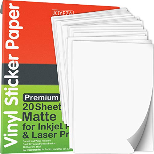 JOYEZA Premium Printable Vinyl Sticker Paper for Inkjet Printer - 20 Sheets Matte White Waterproof, Dries Quickly Vivid Colors, Holds Ink well- Tear Resistant - Inkjet & Laser Printer