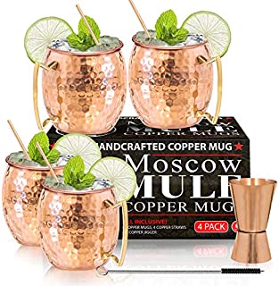 Moscow Mule Copper Mugs - Set of 4-100% HANDCRAFTED - Food Safe Pure Solid Copper Mugs - 16 oz Gift Set with BONUS: Highest Quality Cocktail Copper Straws and Jigger!