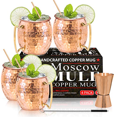 Moscow Mule Copper Mugs - Set of 4-100% HANDCRAFTED - Food Safe Pure Solid Copper Mugs - 16 oz Gift Set with BONUS: Highest Quality Cocktail Copper Straws and Jigger!