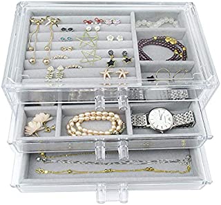 Acrylic Jewelry Box 3 Drawers, Velvet Jewellery Organizer, Earring Rings Necklaces Bracelets Display Case Gift for Women, Girls