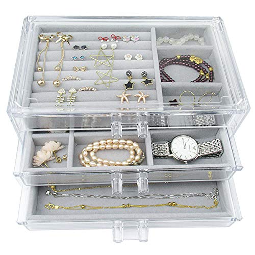 Acrylic Jewelry Box 3 Drawers, Velvet Jewellery Organizer, Earring Rings Necklaces Bracelets Display Case Gift for Women, Girls