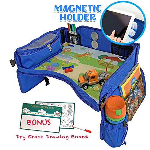 Kids Travel Tray, Toddler Car Seat Activity Tray Organizer, Play & Snack Car Seat Lap Tray -with Magnetic iPad/Tablet Holder & Waterproof Sturdy Surface, Road Trip Essentials - Car, Stroller, Airplane