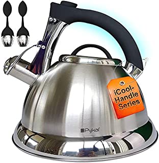 Whistling Tea Kettle with iCool - Handle, Surgical Stainless Steel Teapot for ALL Stovetops, 2 FREE Infusers Included, 3 Quart by Pykal