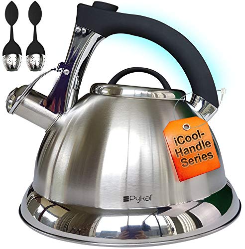 Whistling Tea Kettle with iCool - Handle, Surgical Stainless Steel Teapot for ALL Stovetops, 2 FREE Infusers Included, 3 Quart by Pykal