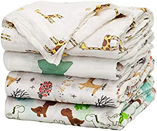 upsimples Baby Swaddle Blanket Unisex Swaddle Wrap Soft Silky Bamboo Muslin Swaddle Blankets Neutral Receiving Blanket for Boys and Girls, 47 x 47 inches, Set of 4 - Fox/Elephant/Giraffe/Dinosaur