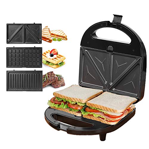 KotiCidsin Sandwich Maker, Waffle Maker, Sandwich Grill, 750-Watts, 3-in-1 Detachable Non-stick Coating, LED Indicator Lights, Cool Touch Handle, Anti-Skid Feet, Black (Black 1)