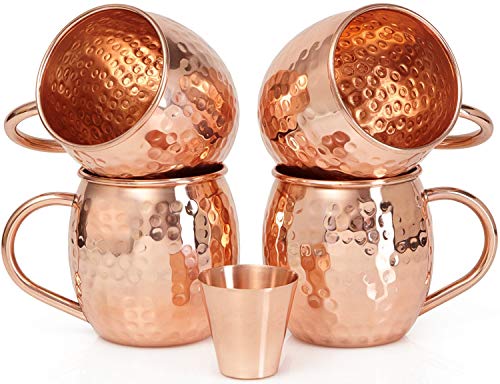 Set of 4 Moscow Mule Copper Mugs with Copper Shot Glass - 4 16oz Copper Moscow Mule Mugs - Solid Copper Hammered Mug - Copper Cups for Moscow Mules