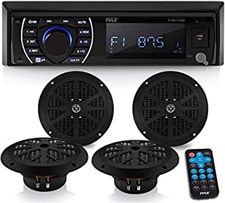 Marine Head Unit Receiver Speaker Kit - In-Dash LCD Digital Stereo Built-in Bluetooth & Microphone w/ AM FM Radio System 6.5 Waterproof Speakers (4) MP3/SD Readers & Remote Control - Pyle PLMRKT48BK