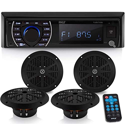 Marine Head Unit Receiver Speaker Kit - In-Dash LCD Digital Stereo Built-in Bluetooth & Microphone w/ AM FM Radio System 6.5 Waterproof Speakers (4) MP3/SD Readers & Remote Control - Pyle PLMRKT48BK