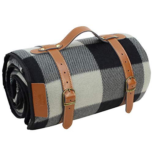 PortableAnd Extra Large Picnic & Outdoor Blanket 3 Layers Water-Resistant Handy Mat Tote Spring Summer Black and Gray Checkered, Great for Beach and Camping on Grass, Waterproof Sandproof 