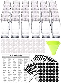 SWOMMOLY 36 Glass Spice Jars with 396 Spice Labels, Chalk Marker and Funnel Complete Set. 36 Square Glass Jars 4 OZ, Airtight Cap, Pour/sift Shaker Lid