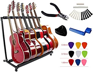 YMC Folding Multiple Guitar Stand for Acoustic Electric Guitar Bass Rack Band Stage,Includes Picks,Pick Holder,String Winder,Bridge Pins,Nut Saddle,String Cutting Plier -7 Holder